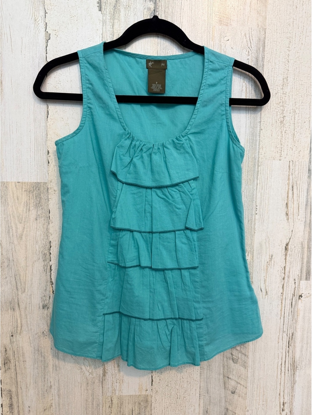 fei Anthropologie Women's 2 Turquoise Tiered Ruffle Blouse Side Zip Tank